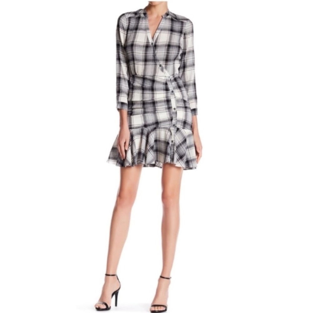 Veronica Beard Women Dress 2 Black White Plaid Ruched Asymmetrical Flounce Hem
